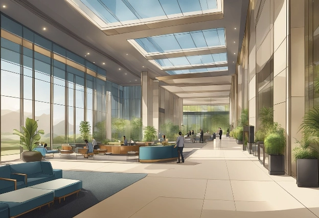 A sleek, modern hotel lobby with eco-friendly design elements and a focus on sustainable practices. Business travelers are seen enjoying luxurious amenities while being mindful of their environmental impact