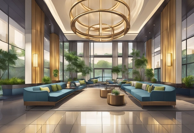 A sleek, eco-friendly hotel lobby with modern furnishings and sustainable design elements, catering to discerning business travelers seeking luxury with a conscience