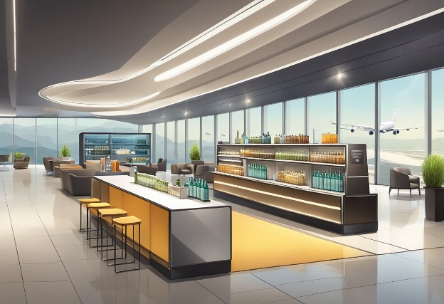 A sleek and modern airport lounge with sustainable luxury brands displayed on shelves and tables, catering to business travelers