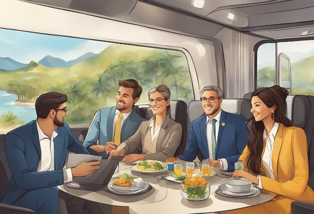 A group of business travelers engage in sustainable luxury experiences, blending cultural and social dimensions in their travel activities