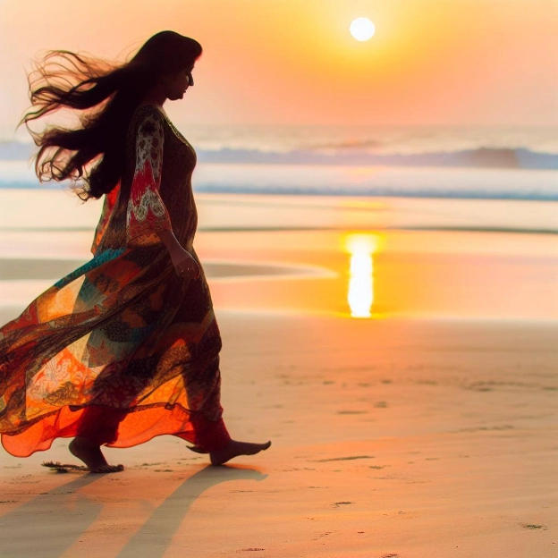 A woman wearing a flowing, bohemian dress, walking barefoot on the beach at sunset.