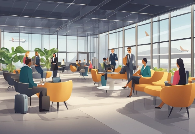 A busy airport lounge with modern decor, sustainable materials, and business travelers engaged in conversation and enjoying luxury amenities