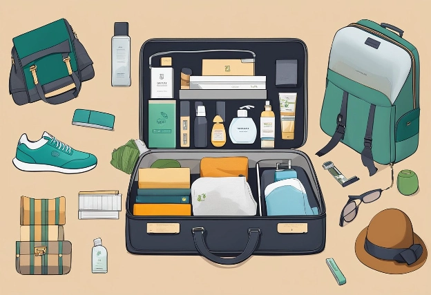 A sleek business traveler's suitcase open, revealing 7 sustainable luxury brands' products neatly organized inside