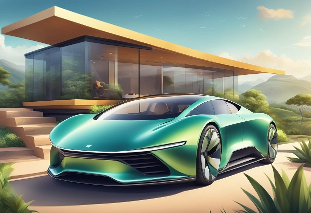 A sleek, eco-friendly luxury travel business, nestled in a lush, untouched landscape, with solar panels and electric vehicles, minimizing its environmental impact