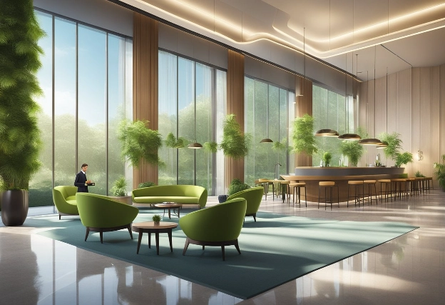 A sleek, eco-friendly hotel lobby with modern furnishings and sustainable design elements. A business traveler checks in, surrounded by lush greenery and natural light