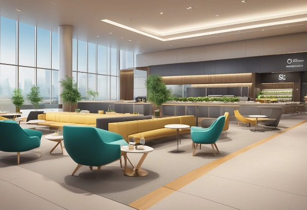 A sleek, modern airport lounge with eco-friendly materials and luxurious amenities. The brands' logos are displayed prominently, showcasing their commitment to sustainability