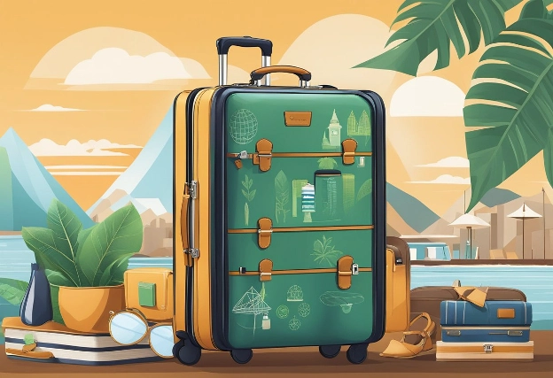 A sleek, modern business traveler's suitcase adorned with sustainable luxury brands' logos. The suitcase is set against a backdrop of eco-friendly, high-end travel accessories and amenities