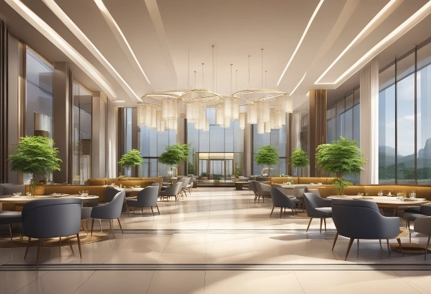 A sleek, modern hotel lobby with eco-friendly materials and high-end amenities. A business traveler enjoys a gourmet meal while surrounded by sustainable luxury