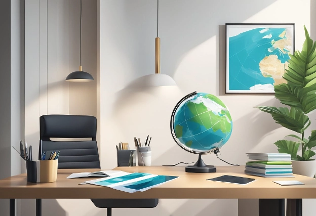 A sleek, modern office with eco-friendly decor. A globe and luxury travel brochures on a desk. A graph showing rising profits from sustainable luxury travel