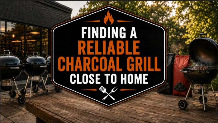 Charcoal kettle grill on a wooden patio with text overlay: Finding a reliable charcoal grill close to home.