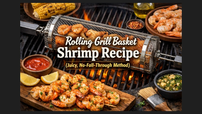 Rolling grill basket shrimp recipe showing juicy grilled shrimp
