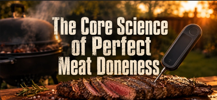 A digital meat thermometer inserted into a perfectly cooked grilled steak to check internal temperature for ideal doneness.