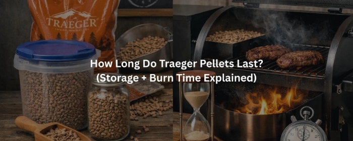 Traeger wood pellets burning in grill with storage tips
