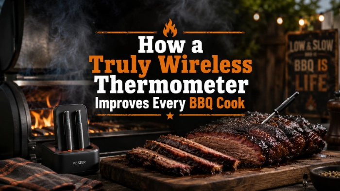 Wireless meat thermometer probes monitoring steak on a smoky grill with app temperature readings.