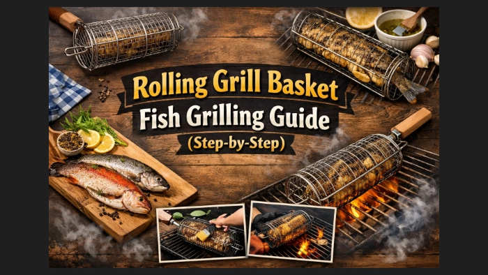 Step by step guide showing fish grilling with a rolling grill basket