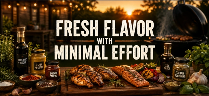Grilled vegetables with assorted marinade ingredients and spices on a wooden table next to a charcoal grill.