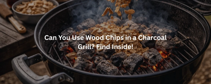 Charcoal grill smoking with wood chips for flavor and heat control