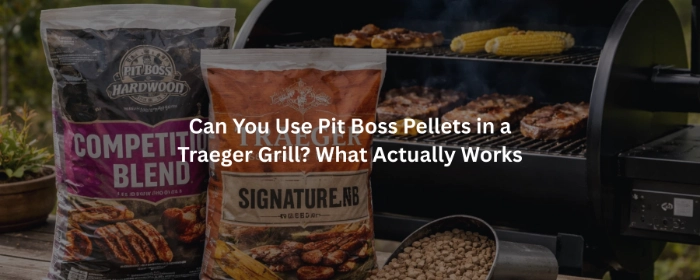 Pit Boss pellets sit beside a Traeger grill with food cooking