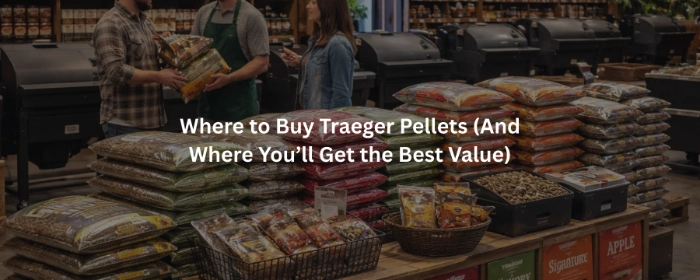 Store display of Traeger wood pellets for grilling