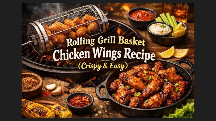 Rolling grill basket cooks crispy juicy chicken wings with spices