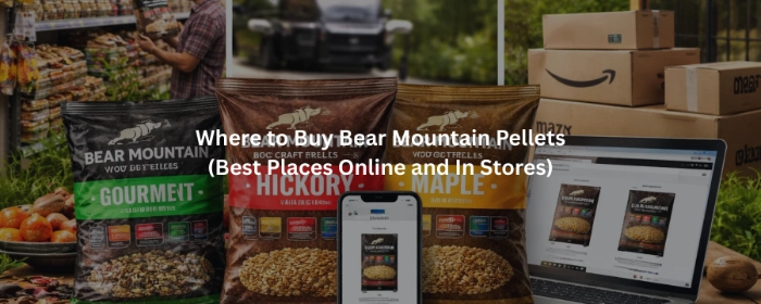 Bear Mountain BBQ pellets with laptop showing online store and boxes
