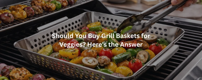 Grill baskets filled with fresh vegetables cooking on outdoor BBQ
