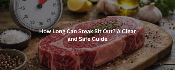 Raw steak on board with garlic and timer for safety tips and advice