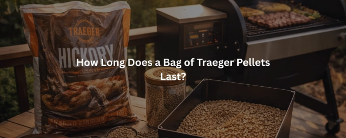 A bag of Traeger hickory pellets sits beside a pellet grill hopper