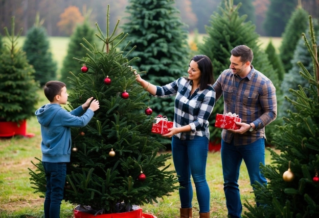 A family carefully choosing a lush Christmas tree at a tree farm, while a helpful staff member offers advice on how to keep it fresh throughout the holiday season