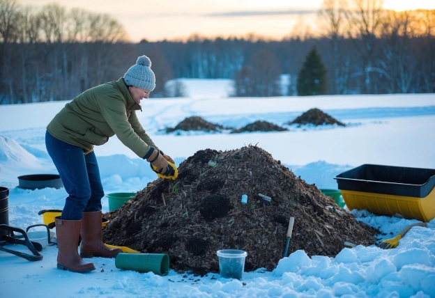 A person adjusting a compost pile in a snowy winter landscape. Various composting tools and materials are scattered around the area