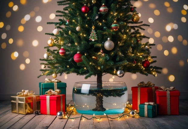 A Christmas tree stand filled with water, surrounded by presents and twinkling lights, with a festive tree topper and ornaments