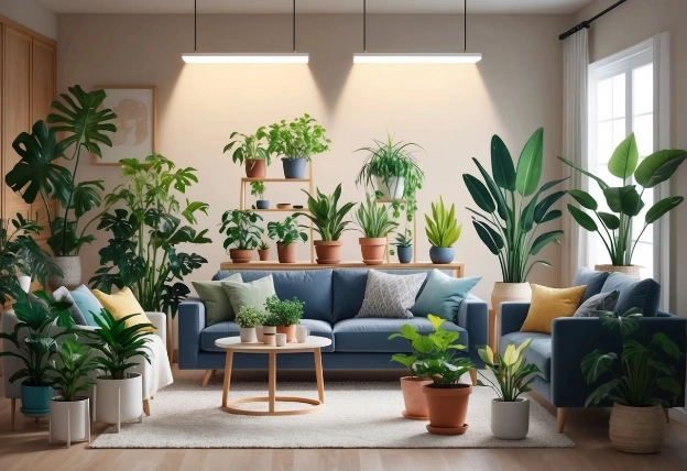 A cozy living room with a variety of thriving houseplants placed strategically around the space, illuminated by soft artificial lighting to enhance their growth in low light conditions