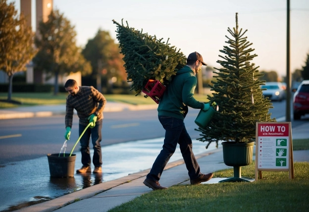 A person carrying a Christmas tree to the curb, while another person waters a tree in a stand with a "how to" guide nearby