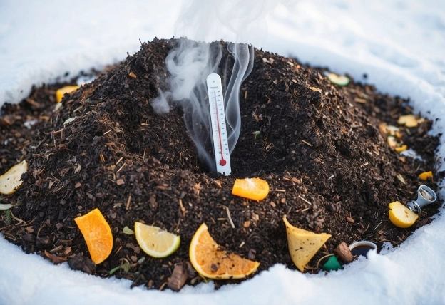 A compost pile surrounded by snow, with steam rising from the center. A thermometer stuck in the pile shows the internal temperature. Various items are scattered around, such as fruit peels and coffee grounds