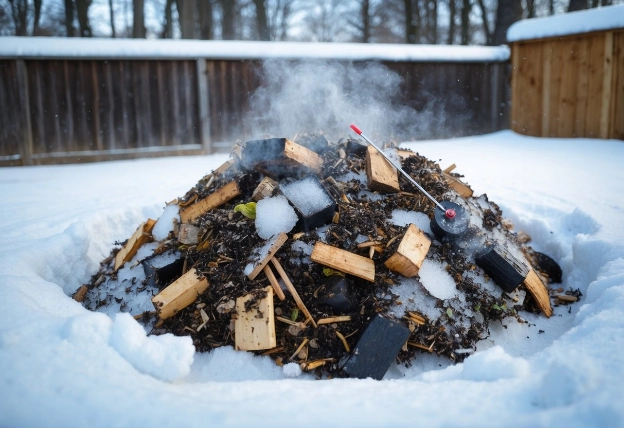 A backyard compost pile with frozen and uncomposted materials, surrounded by snow, with a thermometer showing low temperatures