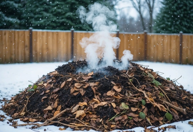 A compost pile sits in a winter garden, steam rising from the moist center while dry leaves and twigs cover the top. Snowflakes fall around the pile, highlighting the struggle to balance moisture and dryness