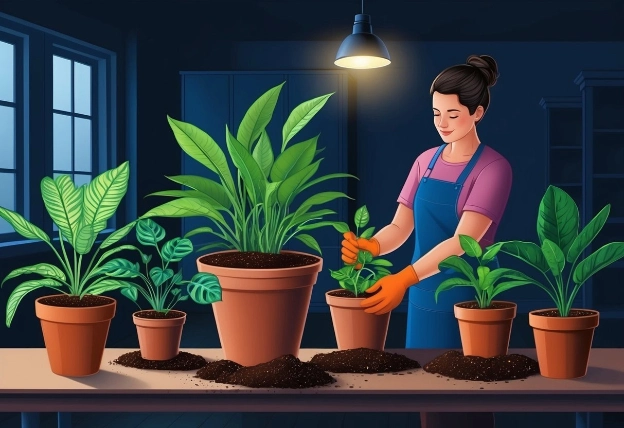 A dimly lit room with a variety of houseplants being carefully removed from their pots and repotted into fresh soil