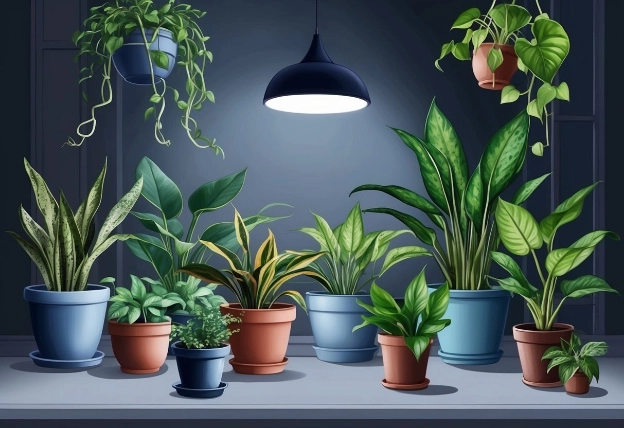 A dimly lit room with various houseplants thriving in the low light, including snake plants, pothos, and peace lilies