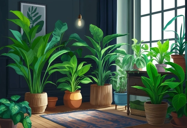 Lush green houseplants thrive in dimly lit room with filtered sunlight