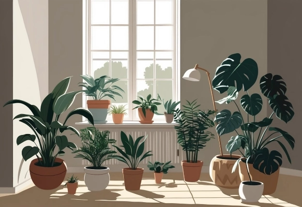 A cozy living room with various houseplants placed near a window, casting soft shadows in the low light