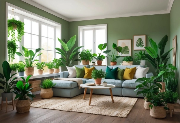 A cozy living room with a variety of lush, green houseplants thriving in the soft, filtered light from the windows