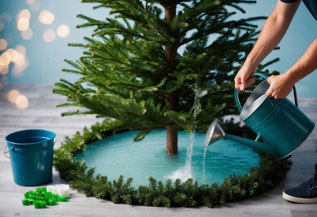 A Christmas tree surrounded by water, with a bucket and watering can nearby. A person adding tree preservative to the water