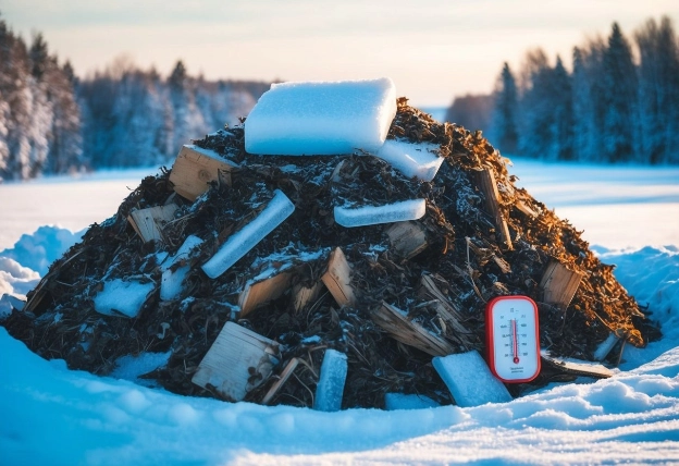 A winter compost pile with frozen materials and a thermometer showing low temperatures, surrounded by snow-covered landscape