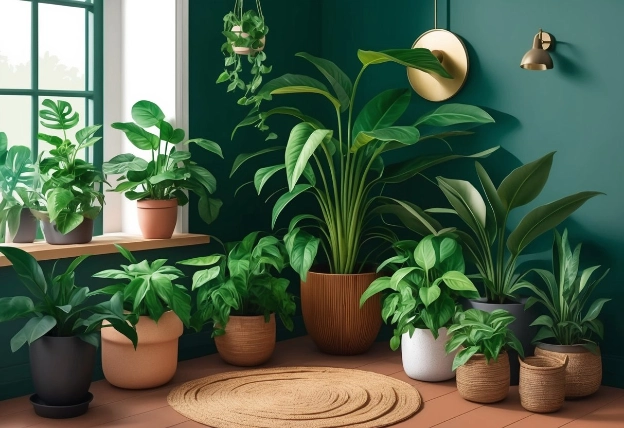 A cozy corner with lush green houseplants thriving in dim light