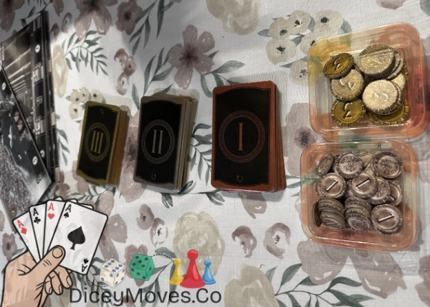 7 Wonders Game pieces set out and ready to play!