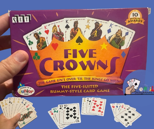 the five crowns card game box, a hand holding a fanned round, and a winning set of cards.