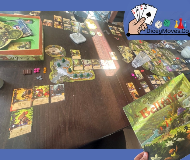 Everdell Bellfaire Setup mid Gameplay with the Box in the corner
