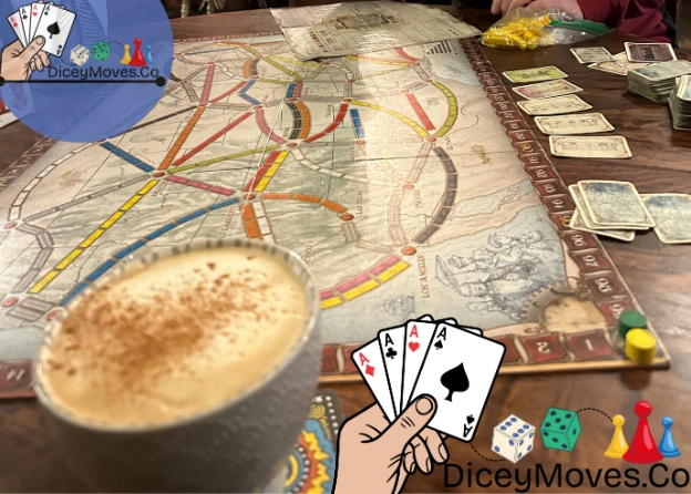 a ticket to ride game about to start in a cafe.