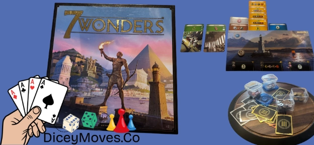 7 Wonders board game box and playing contents