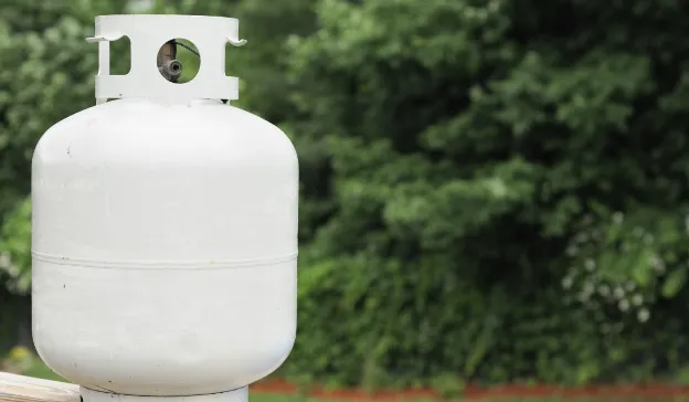  Standard RV propane tank—part of inspecting the propane system before reusing your travel trailer.